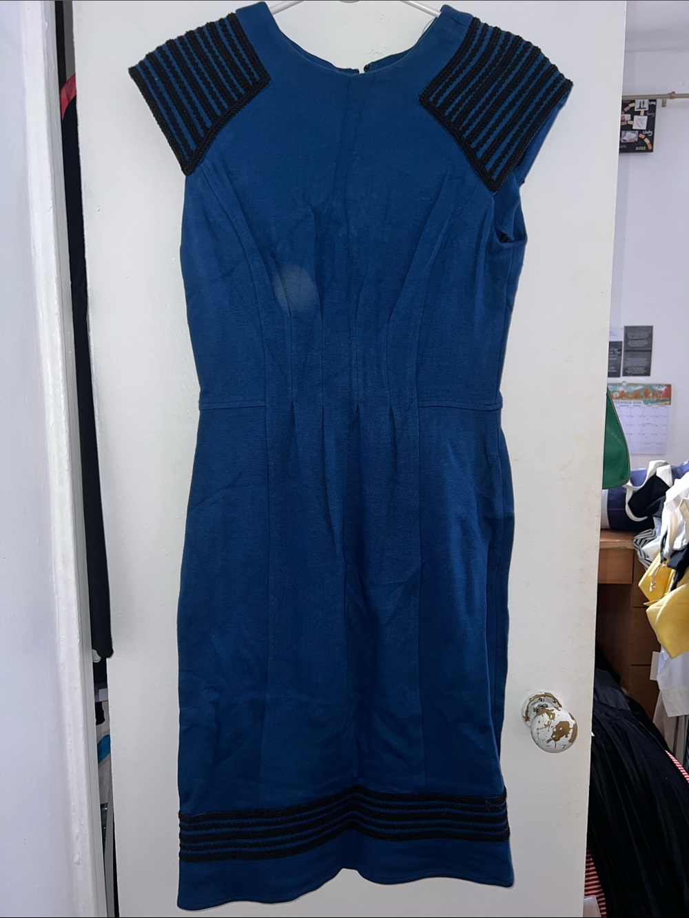Maggy London Teal-Blue Sheath Dress with Black Ribbed Accents
